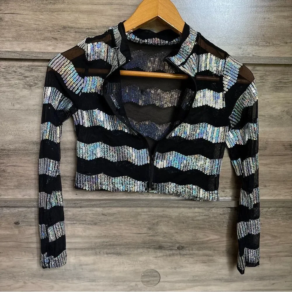 Gia-Mia Silver Iridescent Sequins Chevron Black Mesh long sleeve Dance top G313